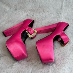 Versace Fuchsia Satin Platform Mary Janes with Gold Buckle